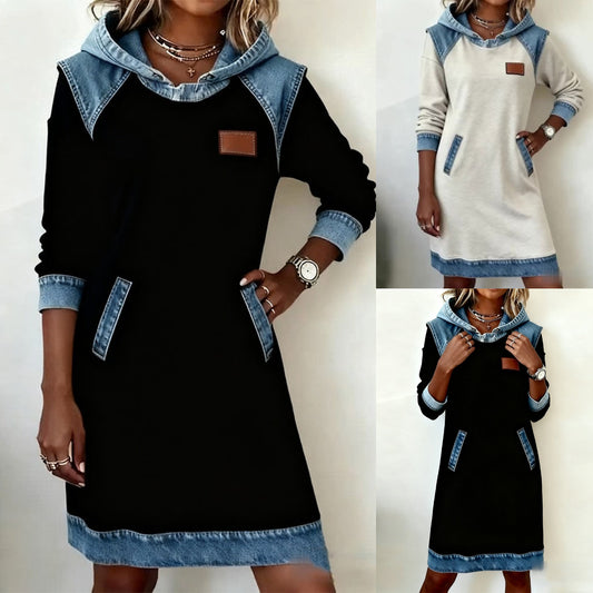 🔥⛄【50% zniżki✨】🌷🌞 Nowa zimowa modna dżinsowa sukienka z kapturem i patchworkiem