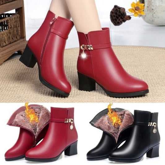 【35-40】👠👠Buty jesienne i zimowe z miękkiej skóry, na średnim obcasie, na grubym obcasie i z aksamitu, zapewniające ciepło, wodoodporne i wiatroszczelne