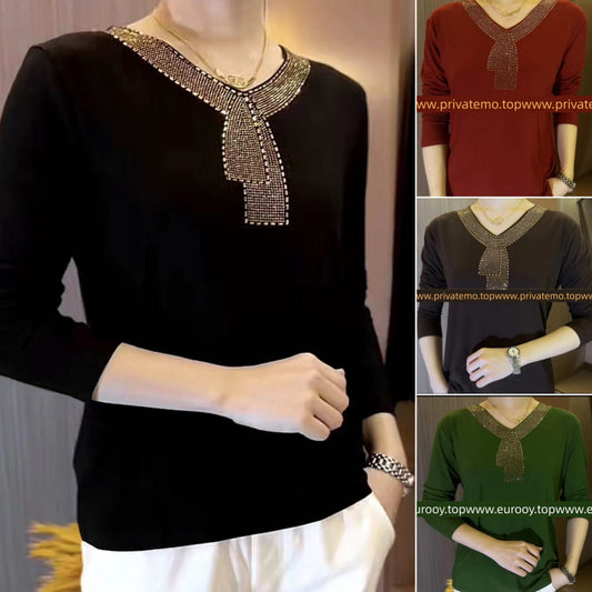 💥【M-5XL】Jesienna i zimowa koszulka premium z długim rękawem i dekoltem w kształcie litery V, aksamitna i ze strasami