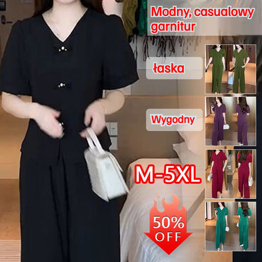 🌸【Top + Spodnie z szerokimi nogawkami】Modny garnitur z lodowego jedwabiu【M-5XL】