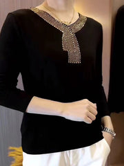 💥【M-5XL】Jesienna i zimowa koszulka premium z długim rękawem i dekoltem w kształcie litery V, aksamitna i ze strasami