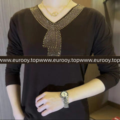 💥【M-5XL】Jesienna i zimowa koszulka premium z długim rękawem i dekoltem w kształcie litery V, aksamitna i ze strasami