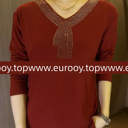 💥【M-5XL】Jesienna i zimowa koszulka premium z długim rękawem i dekoltem w kształcie litery V, aksamitna i ze strasami