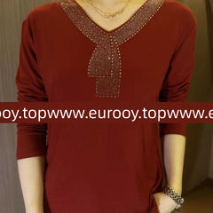 💥【M-5XL】Jesienna i zimowa koszulka premium z długim rękawem i dekoltem w kształcie litery V, aksamitna i ze strasami