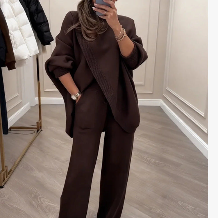 🔥  Nowość! Dwuczęściowy komplet damski – asymetryczny sweter + spodnie z szerokimi nogawkami, luźny krój, miękki materiał, superwygodny👚 Darmowa wysyłka✨