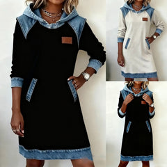 🔥⛄【50% zniżki✨】🌷🌞 Nowa zimowa modna dżinsowa sukienka z kapturem i patchworkiem