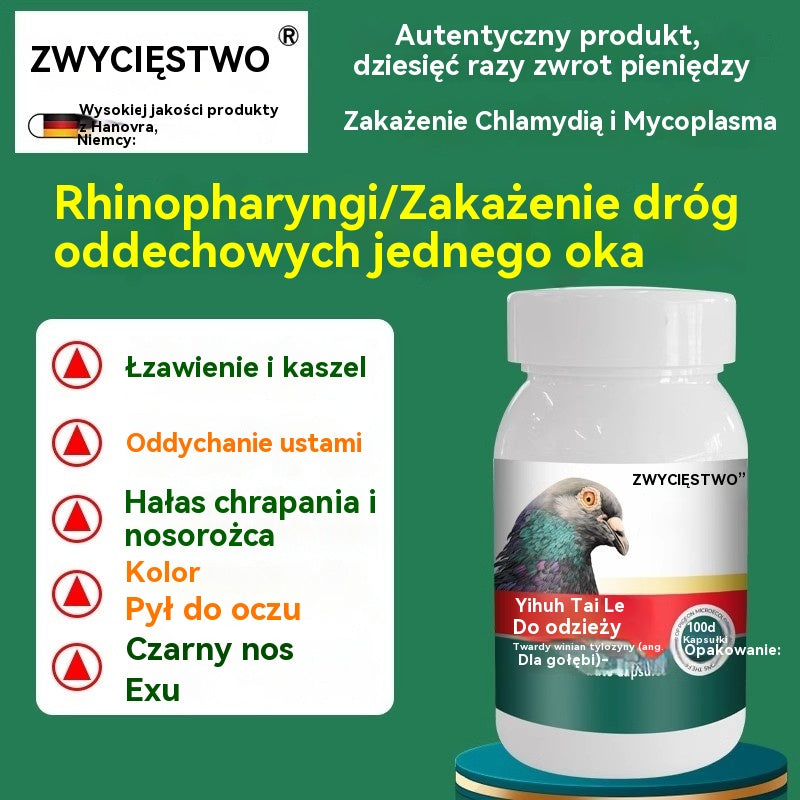 🕊️100 tabletek, specjalny lek dla gołębi pocztowych, stosowany w leczeniu kaszlu, świszczącego oddechu, łzawienia, niewyraźnego widzenia, jaglicy oraz czarno-czerwonej wydzieliny z nosa.