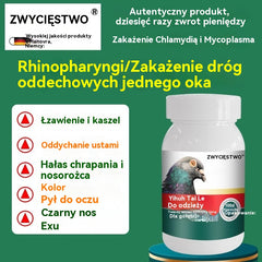 🕊️100 tabletek, specjalny lek dla gołębi pocztowych, stosowany w leczeniu kaszlu, świszczącego oddechu, łzawienia, niewyraźnego widzenia, jaglicy oraz czarno-czerwonej wydzieliny z nosa.