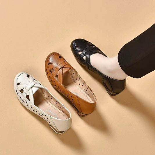 🔥【35-40】 2025 Nowe damskie sandały z okrągłym noskiem i prawdziwej skóry na małym obcasie