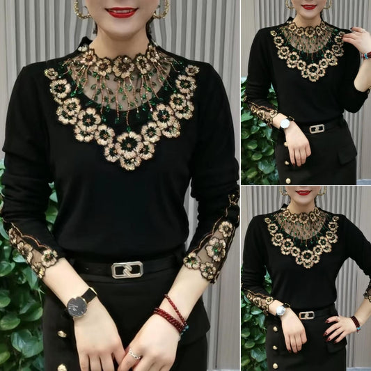 【XL-6XL:Zalecana waga 42.5KG-82.5KG】Nowa ciepła bluzka z długim rękawem wykonana z wysokiej jakości aksamitu z kołnierzykiem koronkowym na jesień i zimę