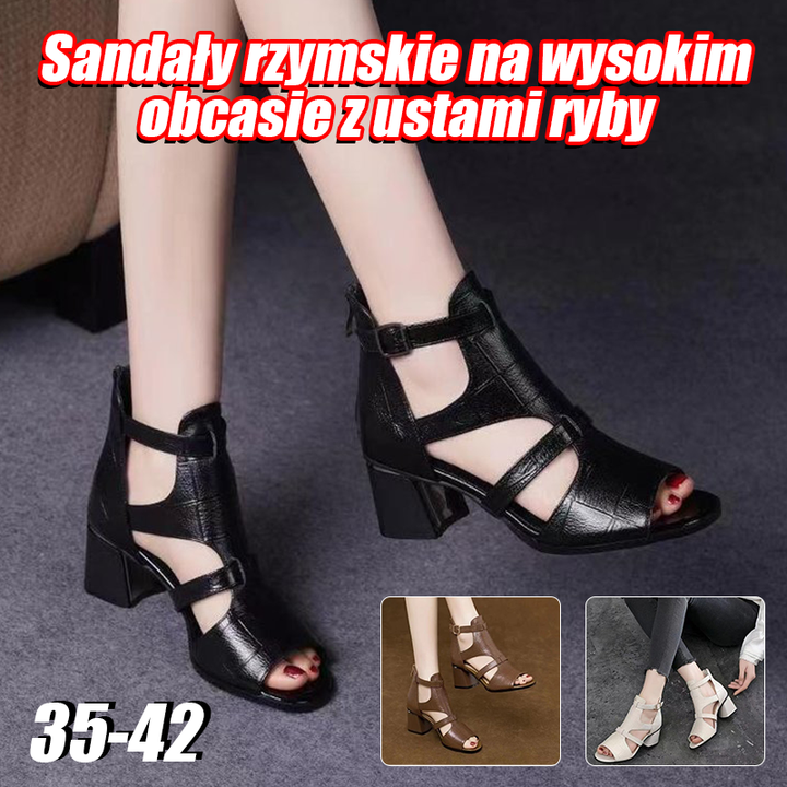 🔥【😍30% zniżki!】👡【35-40】Nowe miękkie, miękkie skórzane, rybne dno, rybie usta, wydrążone usta, gruby obcas rzymskie sandały