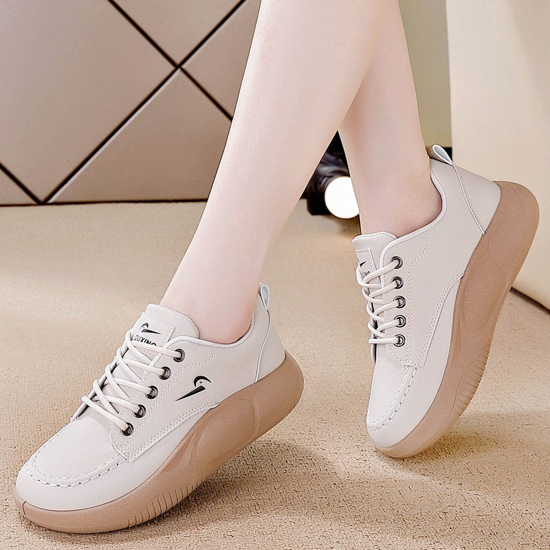 🔥👟【35-40】2026 Nowe skórzane buty casualowe z grubą podeszwą i okrągłym noskiem, wygodne buty damskie na co dzień