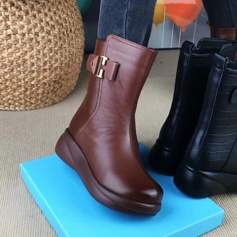 😍30% zniżki!【 35-41】💥Nowe skórzane buty do połowy łydki z 2026 roku, ciepłe śniegowce, z wewnętrzną wyściółką z polaru i wygodną, miękką i grubą podeszwą.