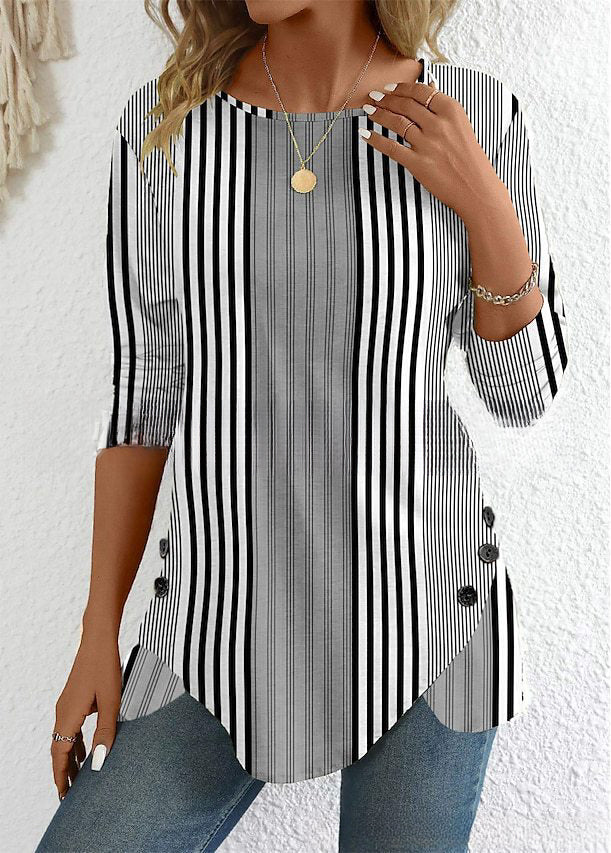 😍30% zniżki! 【S-3XL】 Damski top w paski z okrągłym dekoltem i nadrukiem