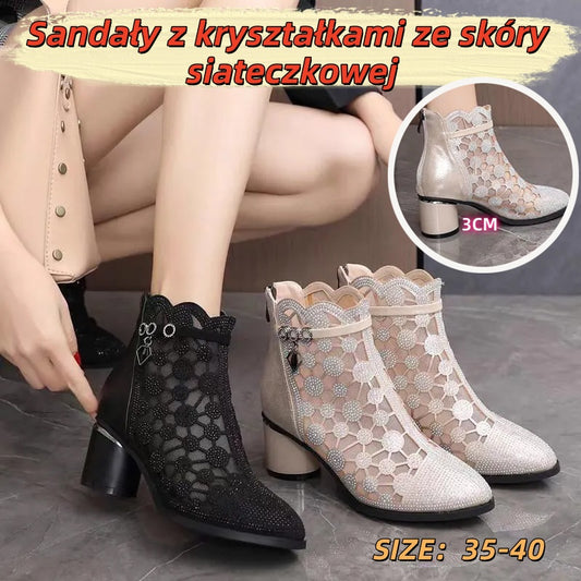 【35-40】Sandały damskie z miękkiej siateczki z prawdziwej skóry z kryształkami