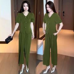 🌸【Top + Spodnie z szerokimi nogawkami】Modny garnitur z lodowego jedwabiu【M-5XL】