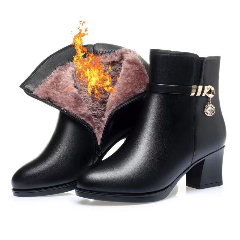 【35-40】👠👠Buty jesienne i zimowe z miękkiej skóry, na średnim obcasie, na grubym obcasie i z aksamitu, zapewniające ciepło, wodoodporne i wiatroszczelne