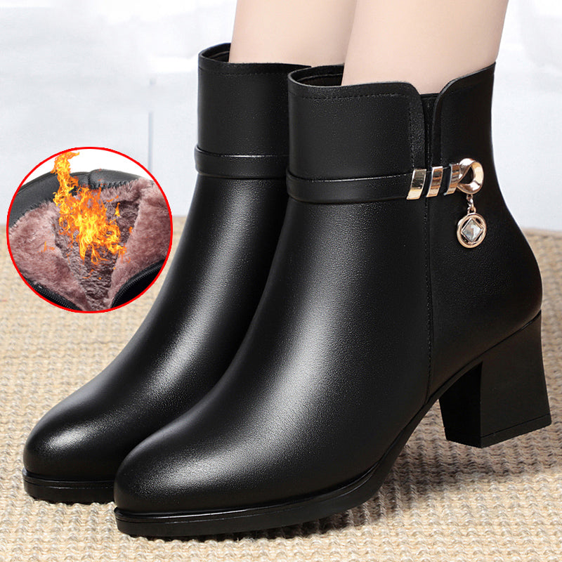 【35-40】👠👠Buty jesienne i zimowe z miękkiej skóry, na średnim obcasie, na grubym obcasie i z aksamitu, zapewniające ciepło, wodoodporne i wiatroszczelne