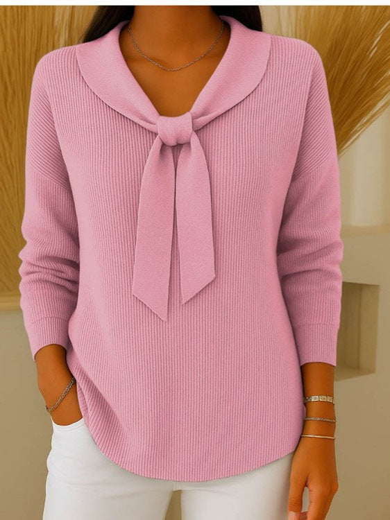 💕【S~5XL】👚Sweter damski w jednolitym kolorze z wiązaniem i długim rękawem, swobodny i luźny