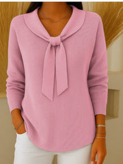 💕【S~5XL】👚Sweter damski w jednolitym kolorze z wiązaniem i długim rękawem, swobodny i luźny