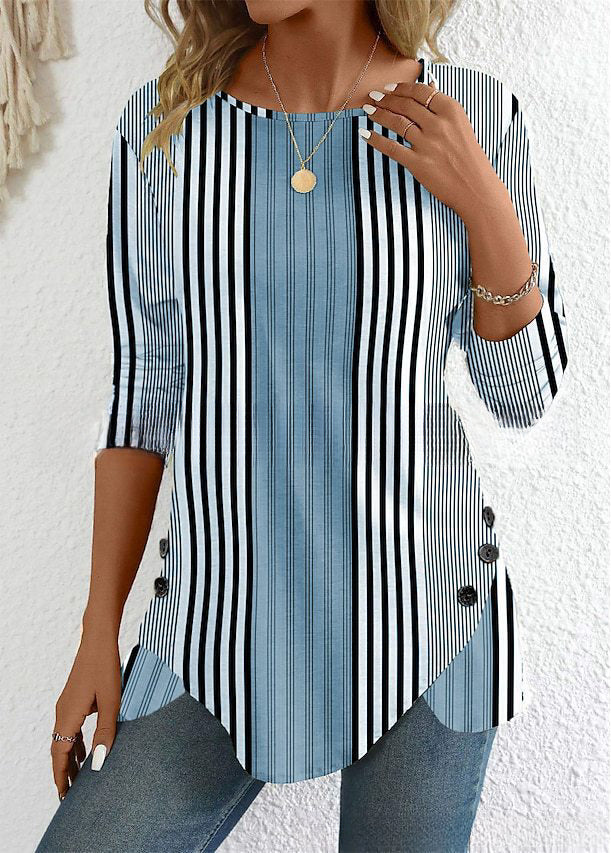 😍30% zniżki! 【S-3XL】 Damski top w paski z okrągłym dekoltem i nadrukiem