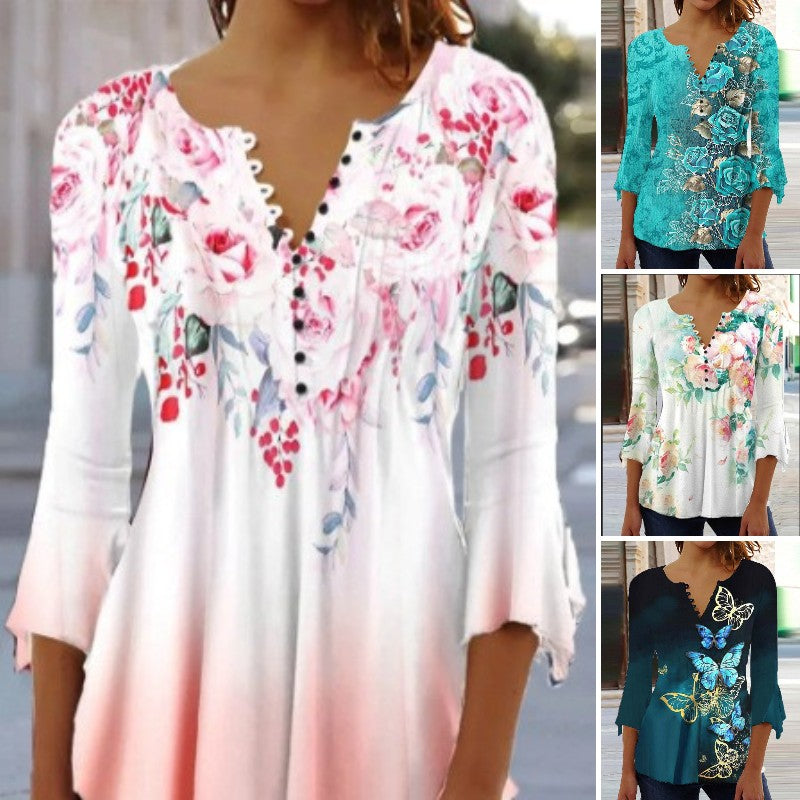 【S–5XL】Modny damski T-shirt z nadrukiem i dekoltem w serek – wygodny, luźny i elegancki do noszenia na co dzień