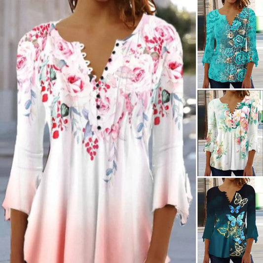 【S–5XL】Modny damski T-shirt z nadrukiem i dekoltem w serek – wygodny, luźny i elegancki do noszenia na co dzień