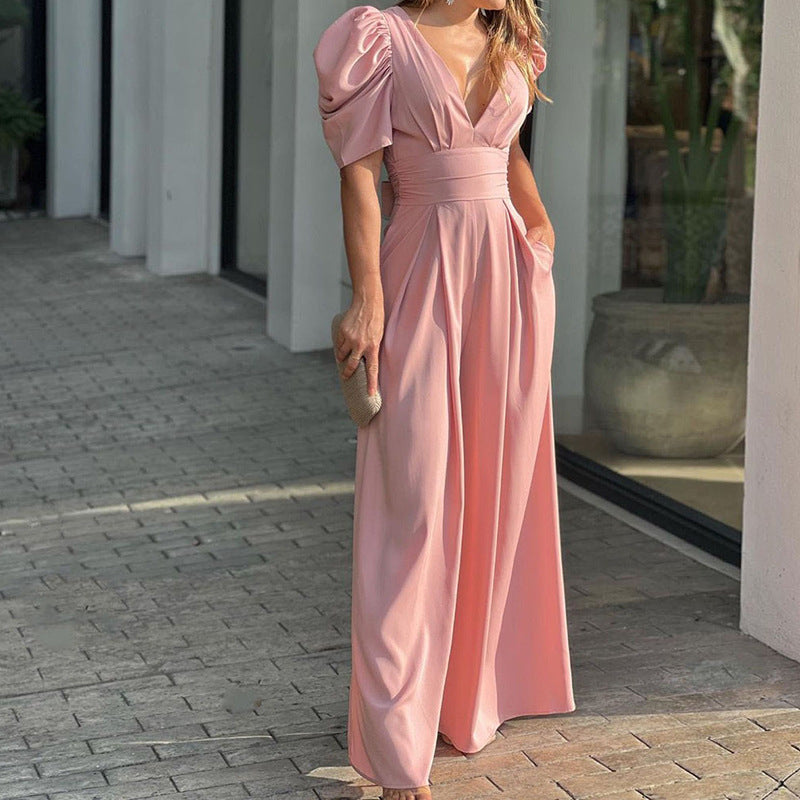 【S-3XL】  wiosenny temperament czysty kolor szczupła szeroka forma z V-neckline