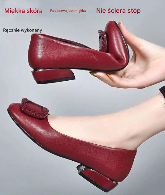 【35-41】 Buty damskie z miękkiej skóry z miękką podeszwą i grubym obcasem z okrągłym noskiem