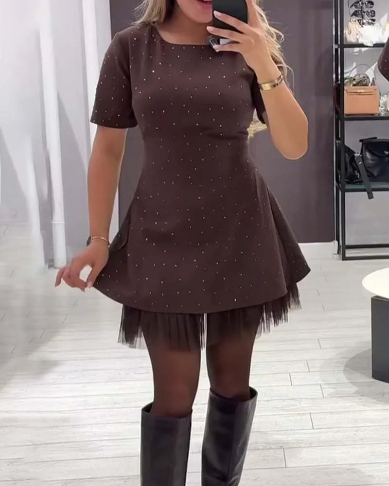 【S-3XL】Sukienka kryształowa z siateczkowym dołem