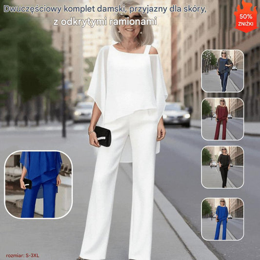 ⏳Oferta ograniczona czasowo⏰【50-120 kg】👚👖Dwuczęściowy komplet damski, przyjazny dla skóry komplet z odkrytymi ramionami✅【Top + spodnie】