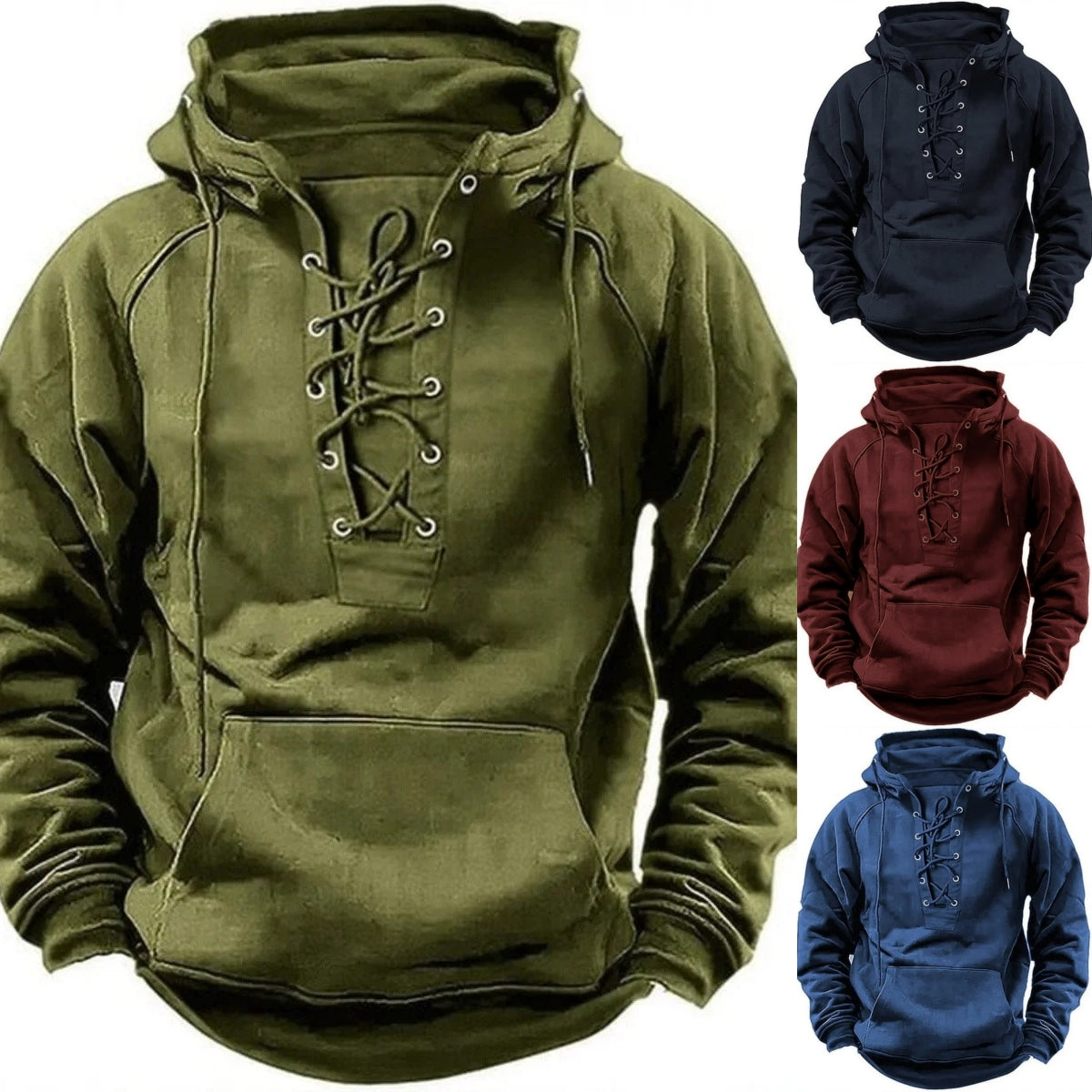 🔥🎉【S-3XL】Nowa męska luźna bluza z kapturem, retro ściągacz, jednolity kolor, swobodny