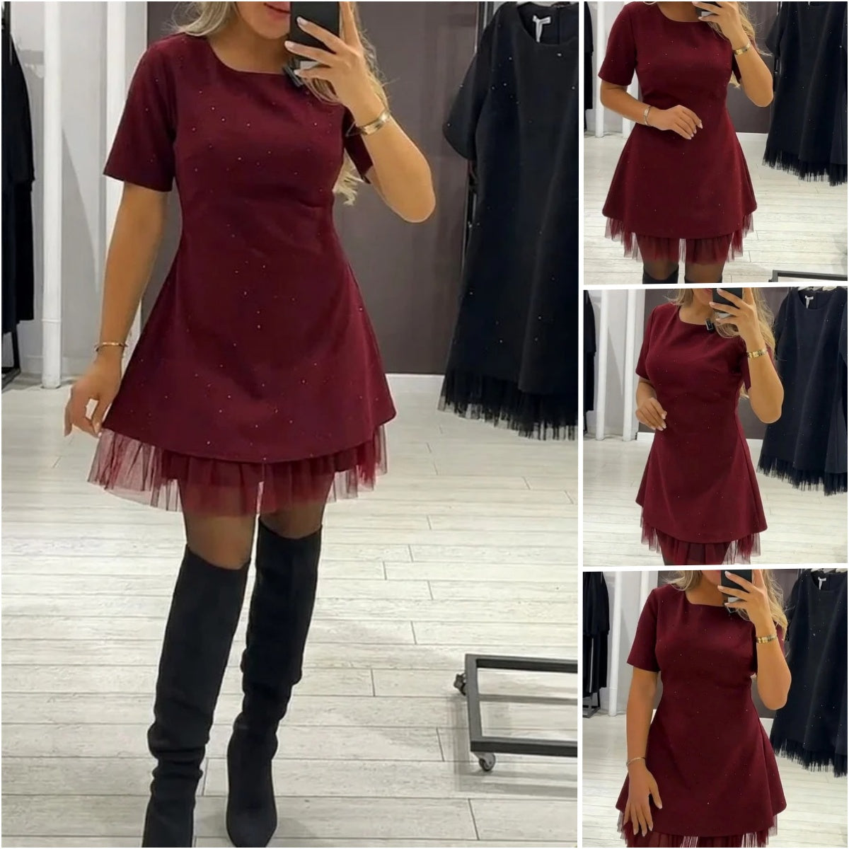 【S-3XL】Sukienka kryształowa z siateczkowym dołem