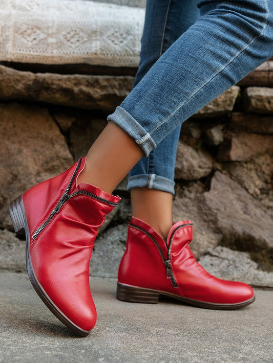 【30%OFF】【35-44】Nowy styl Okrągłe palce Kwadratowy obcas Podwójny zamek błyskawiczny dla kobiet