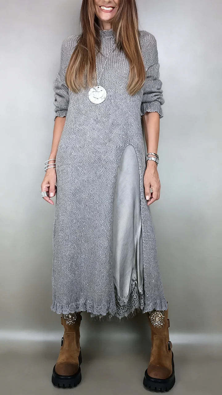 🔥⛄【XS-3XL】🌷🎉Nowa zimowa sukienka z dzianiny z długim rozcięciem po boku, stylowy i elegancki dwuczęściowy komplet