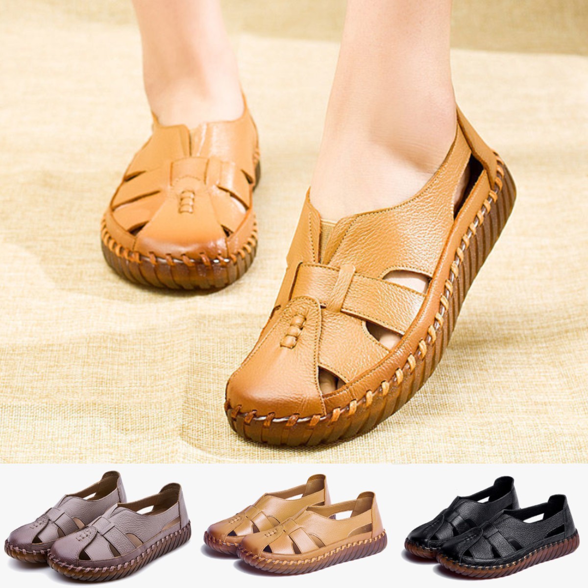🔥【Super niska cena】💞【Rozmiary 35-40】Nowe sandały damskie z 2026 r., okrągły nosek, skóra naturalna, niski obcas.