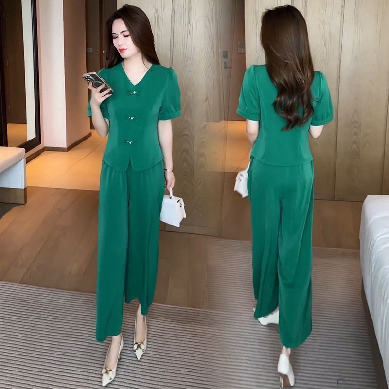 🌸【Top + Spodnie z szerokimi nogawkami】Modny garnitur z lodowego jedwabiu【M-5XL】