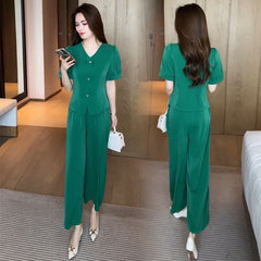 🌸【Top + Spodnie z szerokimi nogawkami】Modny garnitur z lodowego jedwabiu【M-5XL】