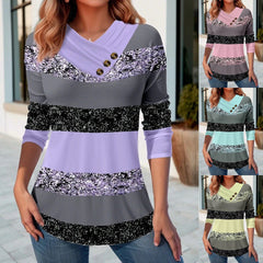 ✨ 【S-5XL】 Nowy, kontrastowy kolorowy top z dekoltem w kształcie litery V, z długim rękawem dla kobiet, jesienno-zimowa