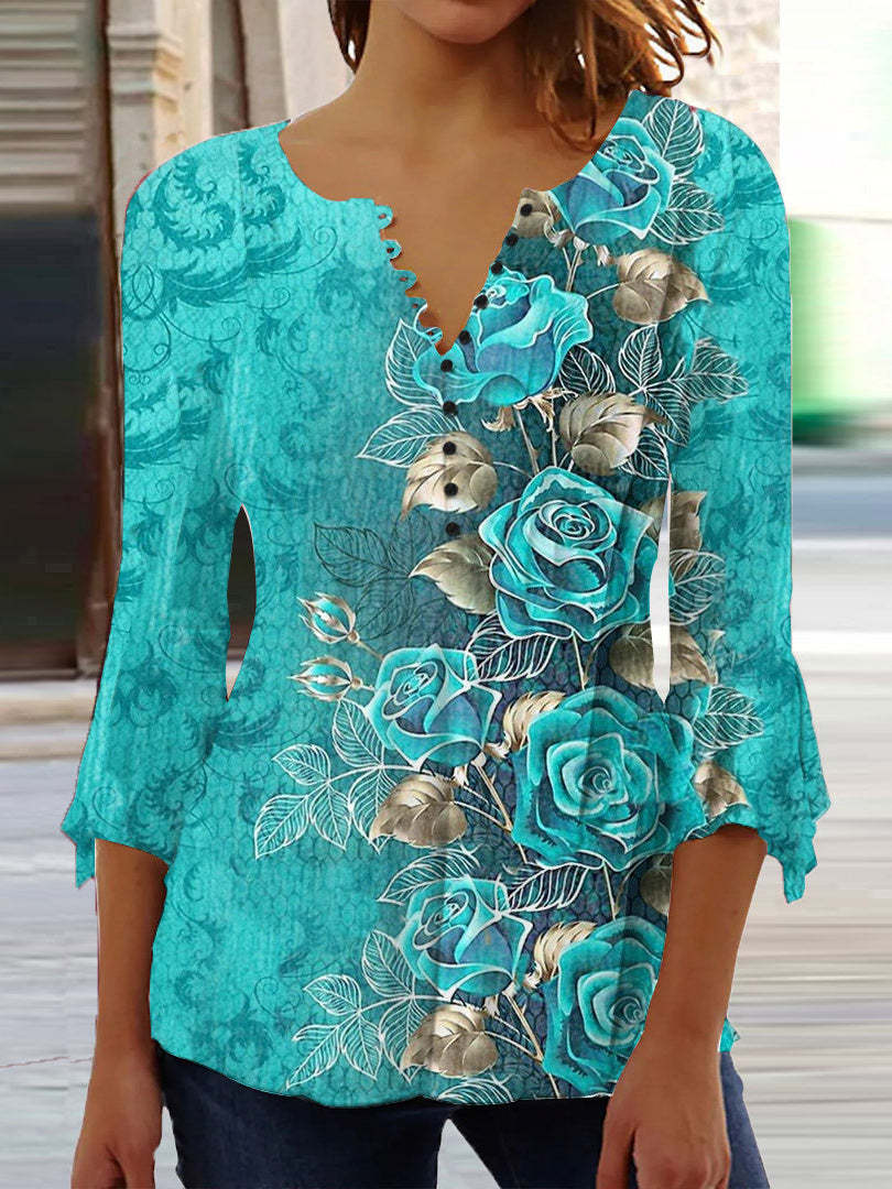 【S–5XL】Modny damski T-shirt z nadrukiem i dekoltem w serek – wygodny, luźny i elegancki do noszenia na co dzień