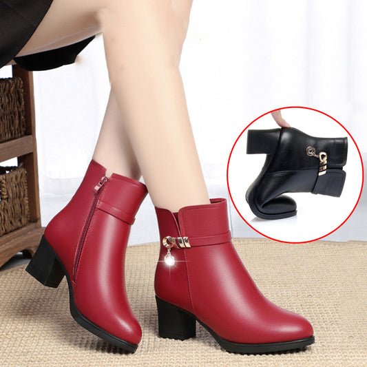 【35-40】👠👠Buty jesienne i zimowe z miękkiej skóry, na średnim obcasie, na grubym obcasie i z aksamitu, zapewniające ciepło, wodoodporne i wiatroszczelne