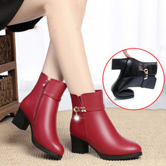 【35-40】👠👠Buty jesienne i zimowe z miękkiej skóry, na średnim obcasie, na grubym obcasie i z aksamitu, zapewniające ciepło, wodoodporne i wiatroszczelne