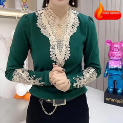 😍30% zniżki!【2XS-3XL】Jesienno-zimowa modna koszula z koronkowym kołnierzykiem i dwustronnym aksamitnym dołem