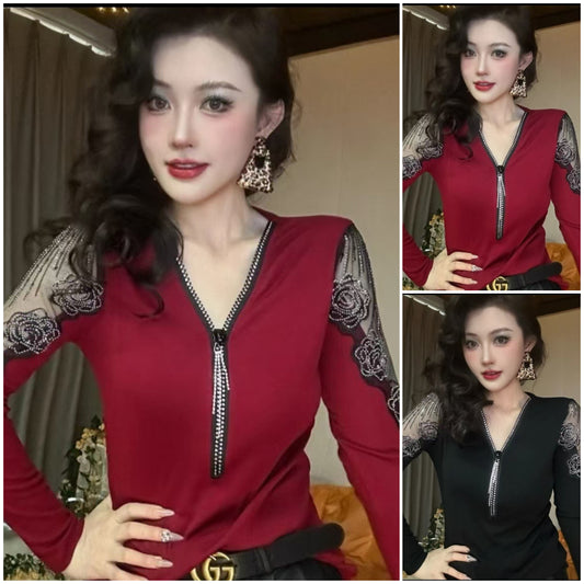 🔥😍30% zniżki! 【M-3XL】Seksowna koszula z długim rękawem i dekoltem w kształcie litery V, zapinana na zamek New Rose