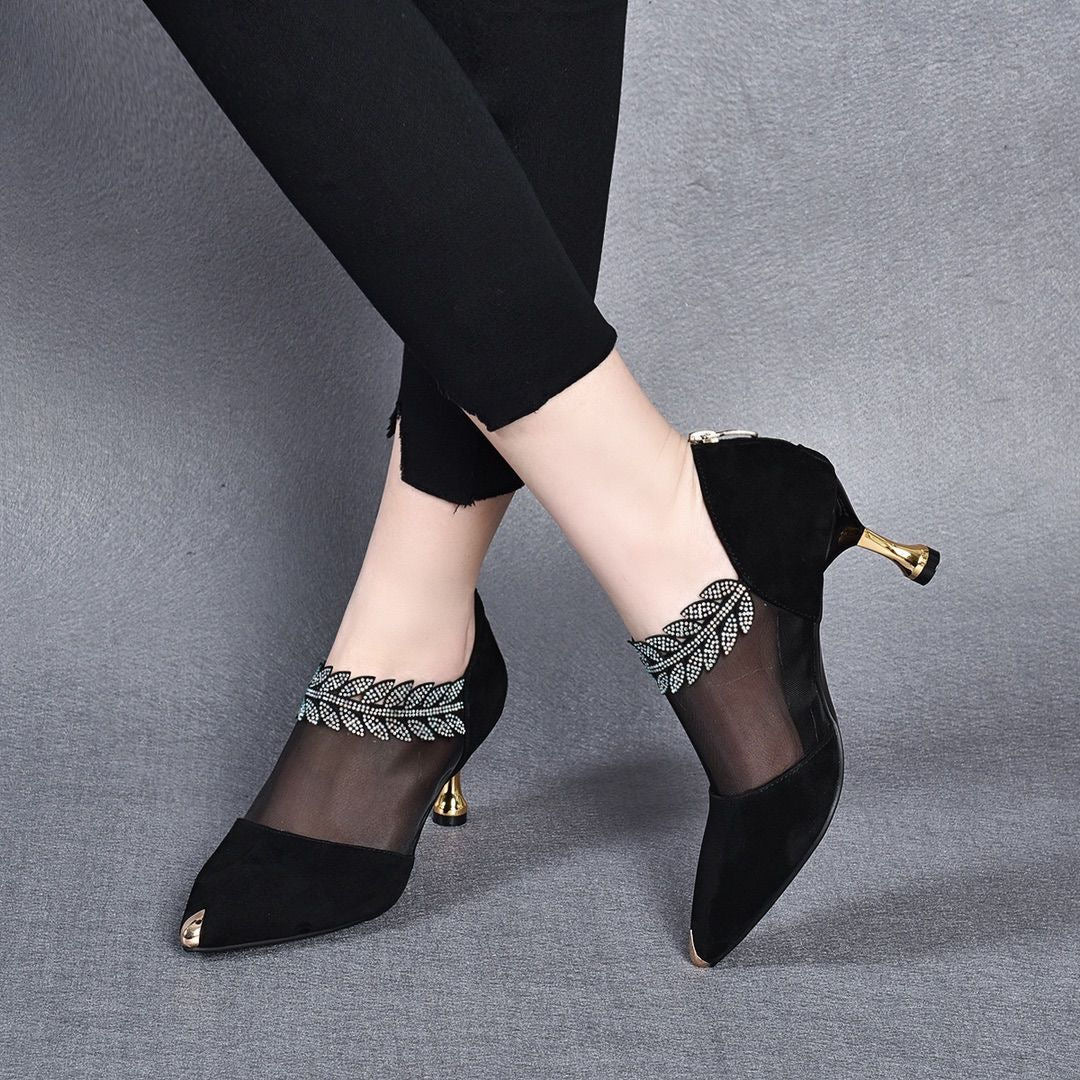 ✨【Rozmiary 35-40】🏆2026 Nowe buty na obcasie z siateczki z kryształkami i szpiczastym noskiem dla kobiet, eleganckie i stylowe，Obcas 5,5 cm