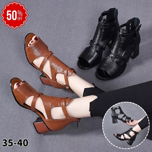 🔥【😍30% zniżki!】👡【35-40】Nowe miękkie, miękkie skórzane, rybne dno, rybie usta, wydrążone usta, gruby obcas rzymskie sandały