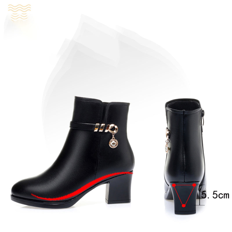 【35-40】👠👠Buty jesienne i zimowe z miękkiej skóry, na średnim obcasie, na grubym obcasie i z aksamitu, zapewniające ciepło, wodoodporne i wiatroszczelne